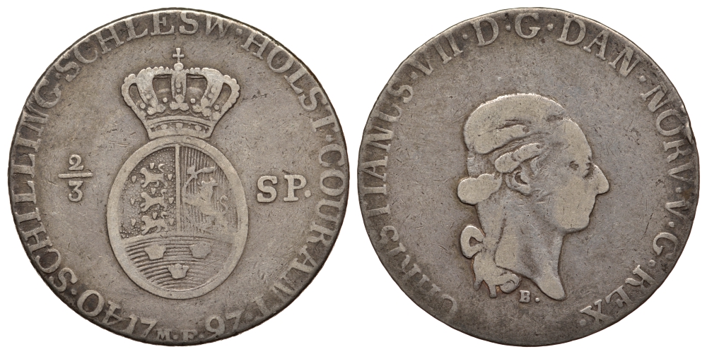 Шлезвиг-Гольштейн 40 шиллингов - 2/3 далера 1797 MF, Кристиан VII KM 8, Hede 40 A, Jaeger 9 серебро 00-811-49