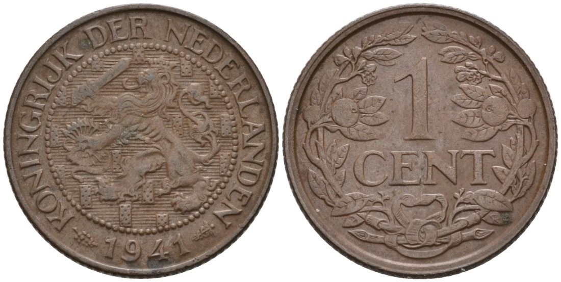 Нидерланды 1 цент 1941 Вильгельмина (1890-1948) KM 152 бронза 46-1166