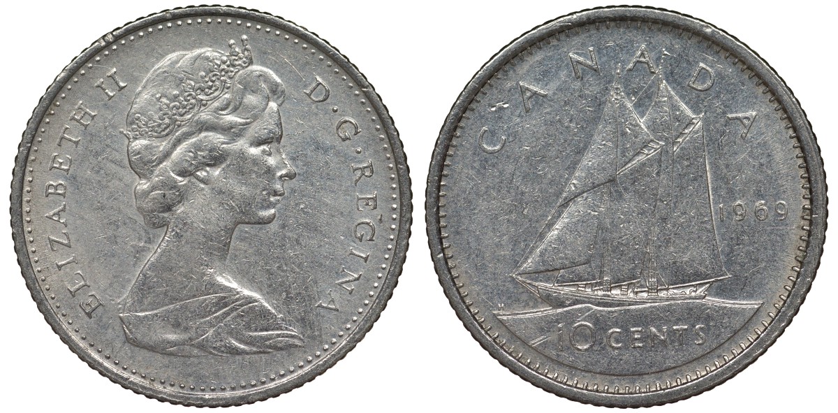 Канада 10 центов 1969 парусник, Елизавета II (1952-) KM 77.1 никель 4124-511