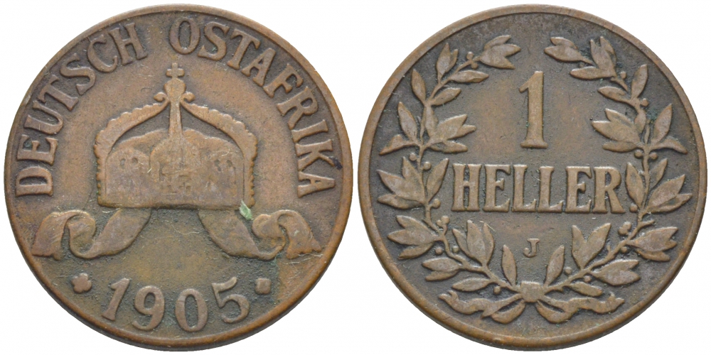 Немецкая Восточная Африка (Танзания) 1 геллер 1905 J, Ost-Africa Jaeger 716, KM 7 бронза 4448-435