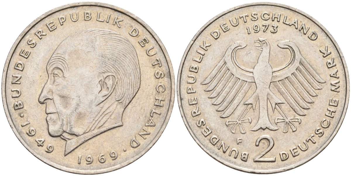 ФРГ 2 марки 1973 F, Конрад Аденауэр, 20 лет Федеративной Республике (1949-1969) KM 124, J. 406 медно-никель плакированный никелем 4137-434