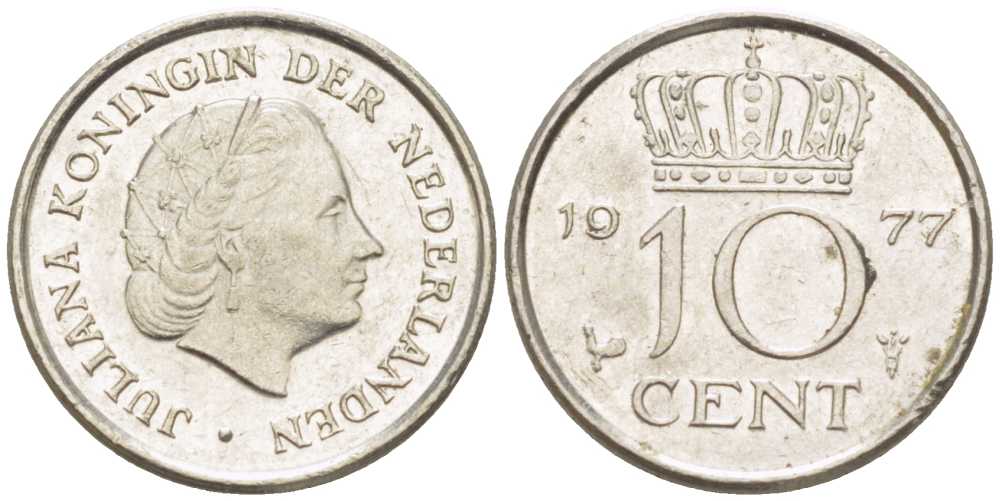 НИДЕРЛАНДЫ 10 ЦЕНТОВ 1977 ЮЛИАНА (1948-1980) KM 182 никель 211-1231