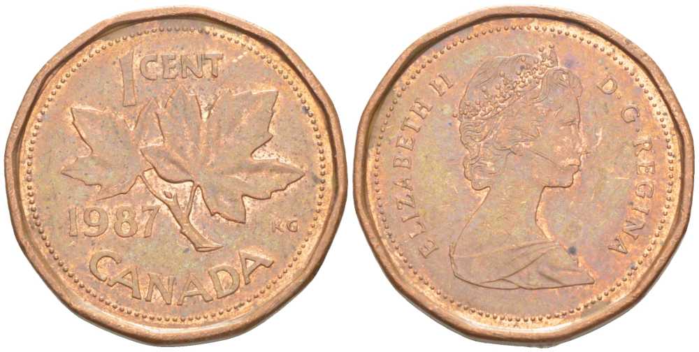 Канада 1 цент 1987 Елизавета II (1952-2022), кленовый лист KM 132 бронза 99-861
