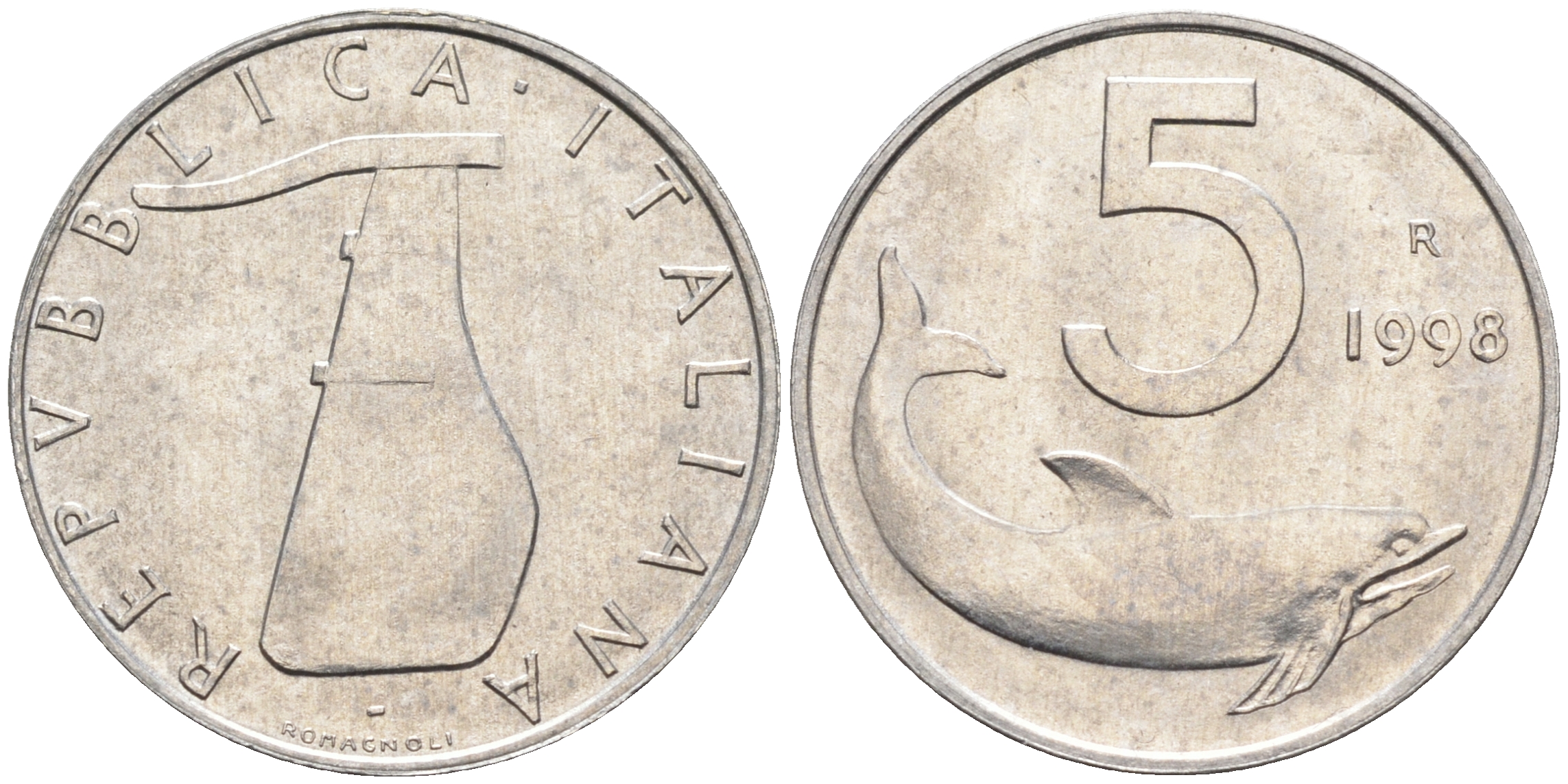 Италия 5 лир 1998 R, дельфин KM 92 алюминий  UNC  4594-762