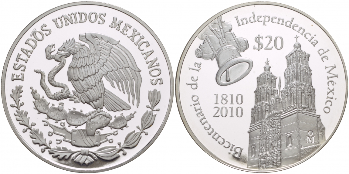 Мексика 20 песо 2010 200 лет независимости Мексики, костел KM NEW серебро PROOF 00-000-00