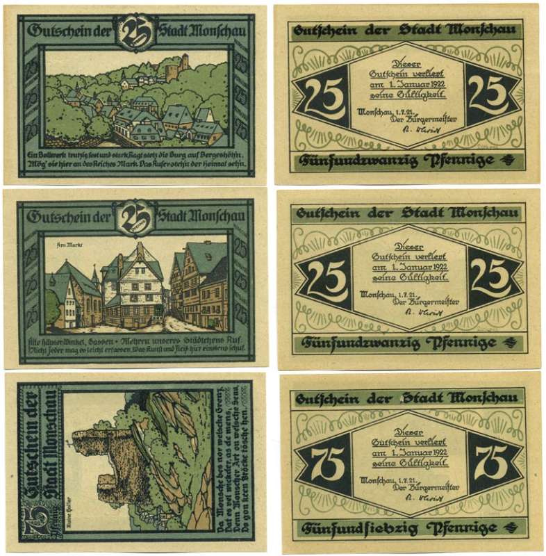 Германия, Моншау набор из 3 банкнот 25, 25, 75 пфеннигов 1922 1 Июля 1921 - 1 Октября 1922, нотгельд, земля Северный Рейн-Вестфалия Grabowski 897.1  бумага  UNC (пресс) 7555-11-2-1