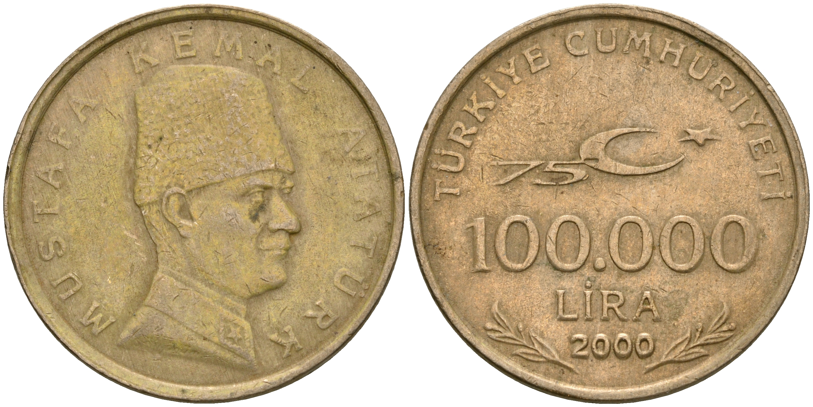 Турция 100000 лир 2000 75 лет республике, Мустафа Кемаль Ататюрк KM 1078 медь никель цинк 4364-1856