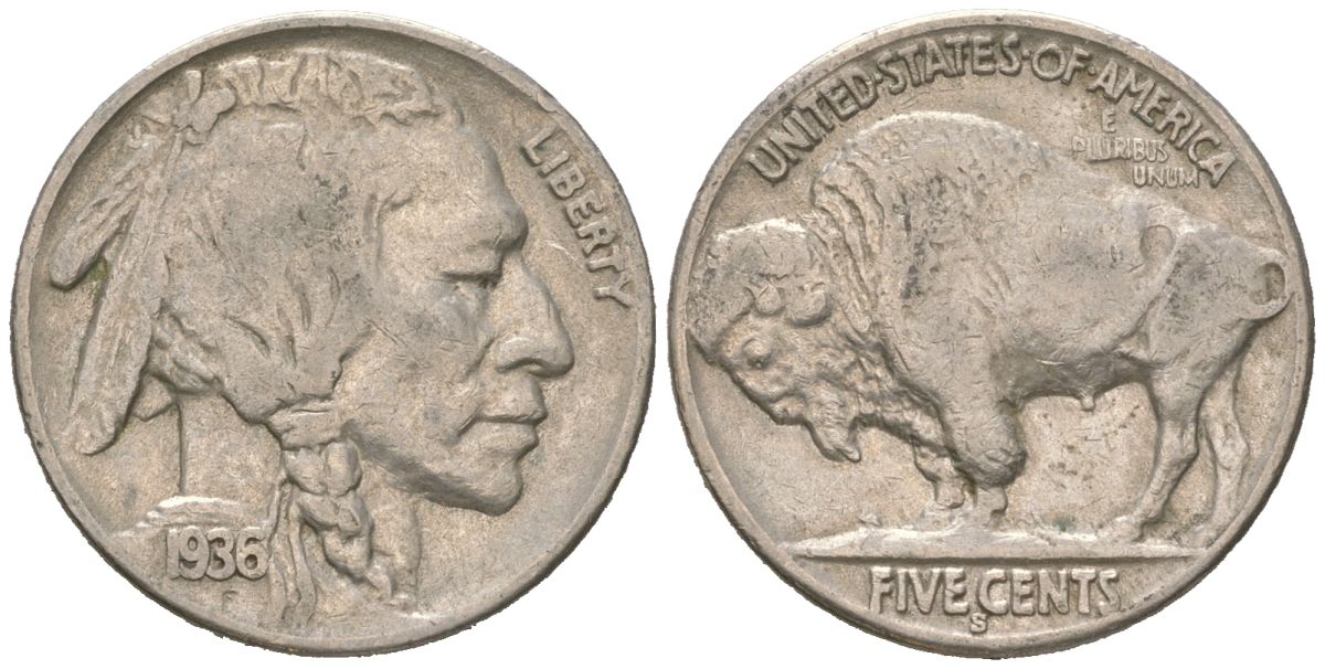 США 5 центов 1936 S, индеец, бизон KM 134 медно-никель 4614-1258