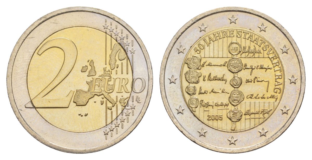 Австрия 2 евро 2005 50 лет подписанию договора о нейтралитете Австрии KM 3124 биметалл UNC 4633-1042