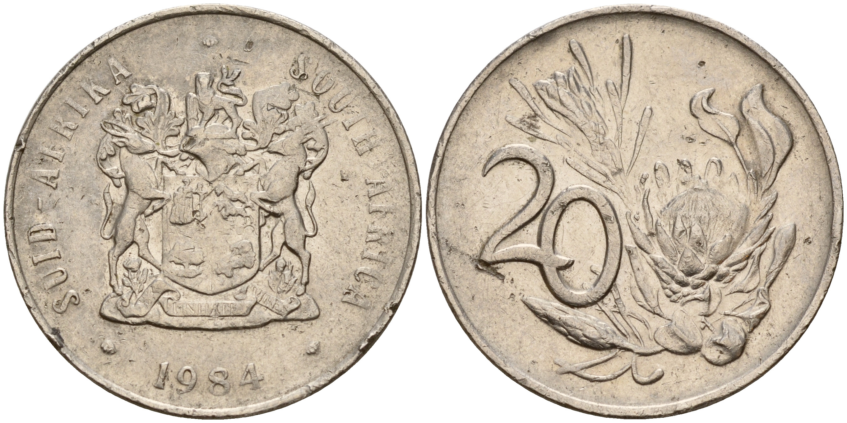 ЮАР 20 центов 1984 герб, цветок протея KM 86  никель    4601-913