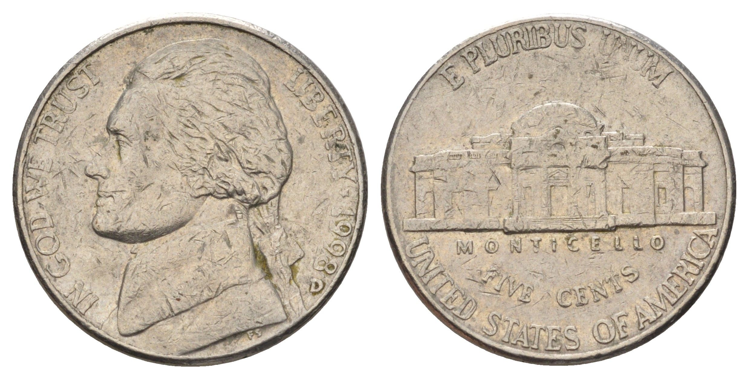 США 5 центов 1998 D, Джефферсон KM A192 медно-никель 4671-1234