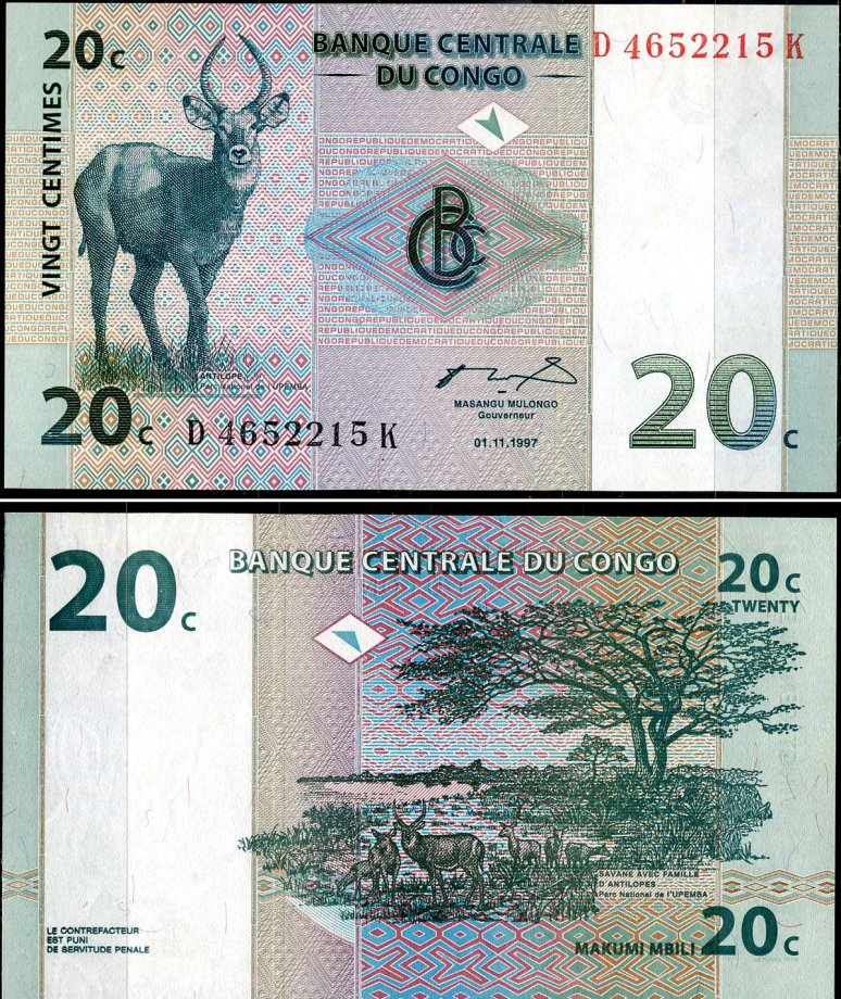 ДР Конго 20 сантимов 1997 антилопа, национальный парк Упемба Pick 83 a бумага UNC (пресс) 7183-36-4-1