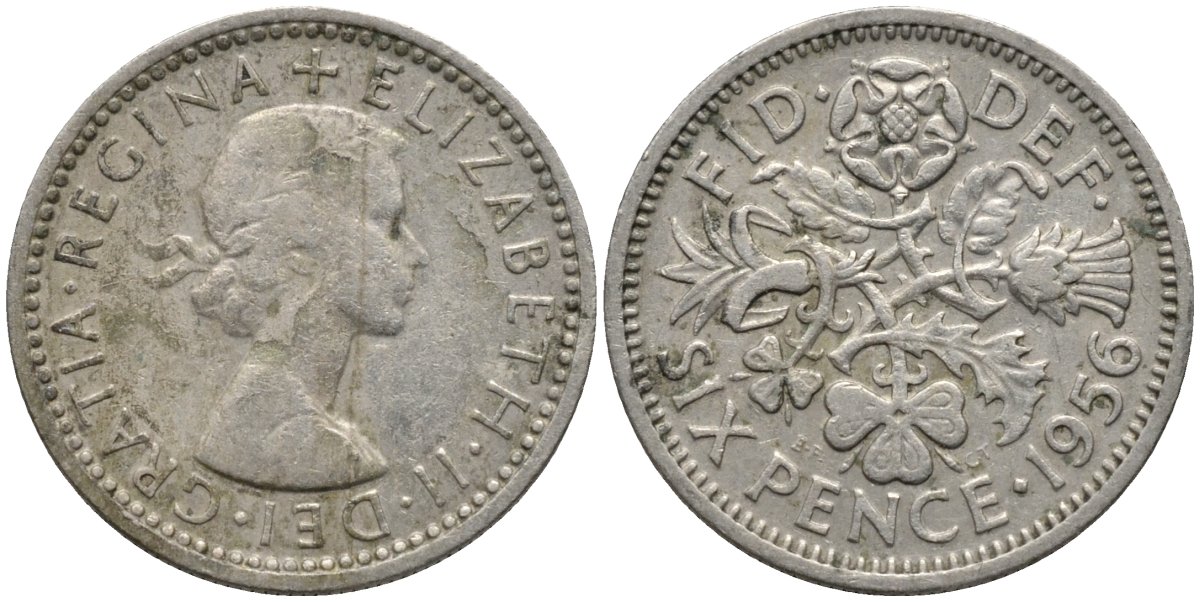 Великобритания 6 пенсов 1956 Елизавета II (1952-2022) KM 903, Spink 4149 медно-никель 4567-511