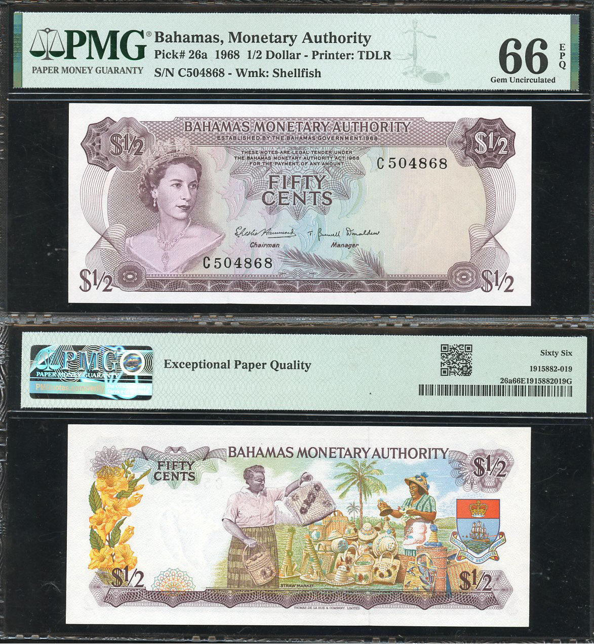 Багамские острова 1/2 доллара L. 1968 Елизавета II (1952-2022), соломенный рынок, в слабе PCGS 66 Gem Uncirculated Pick 26 a  бумага  UNC (пресс) 452-1-129
