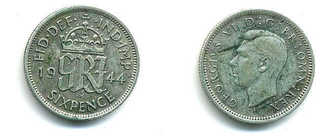 Великобритания 6 пенсов 1944 Георг VI (1936-1952) KM 852, Spink 4084 серебро 61-1117