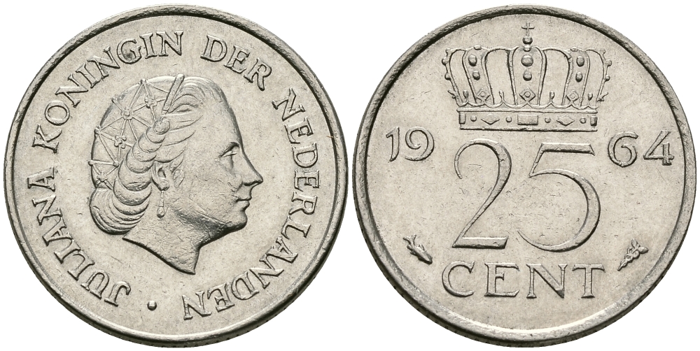 НИДЕРЛАНДЫ 25 ЦЕНТОВ 1964 ЮЛИАНА KM 183 никель 96-158