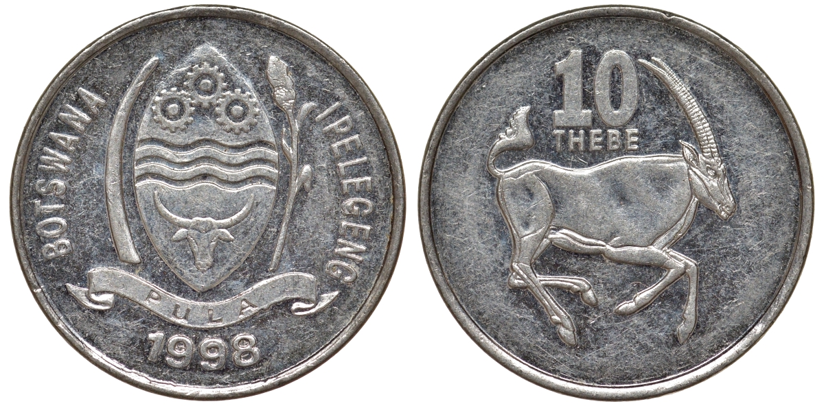 Ботсвана 10 тхебе 1998 сернобык KM 27 никелированная сталь 4164-538