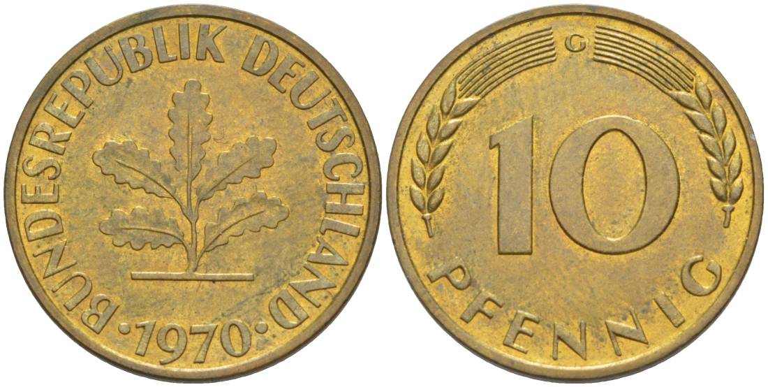 ФРГ 10 ПФЕННИГОВ 1970 G KM 108, J. 383 сталь плакированная латунью 219-441