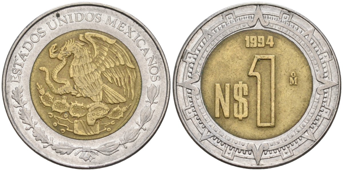 Мексика 1 песо 1994 Мо KM 550 биметалл 4575-1217