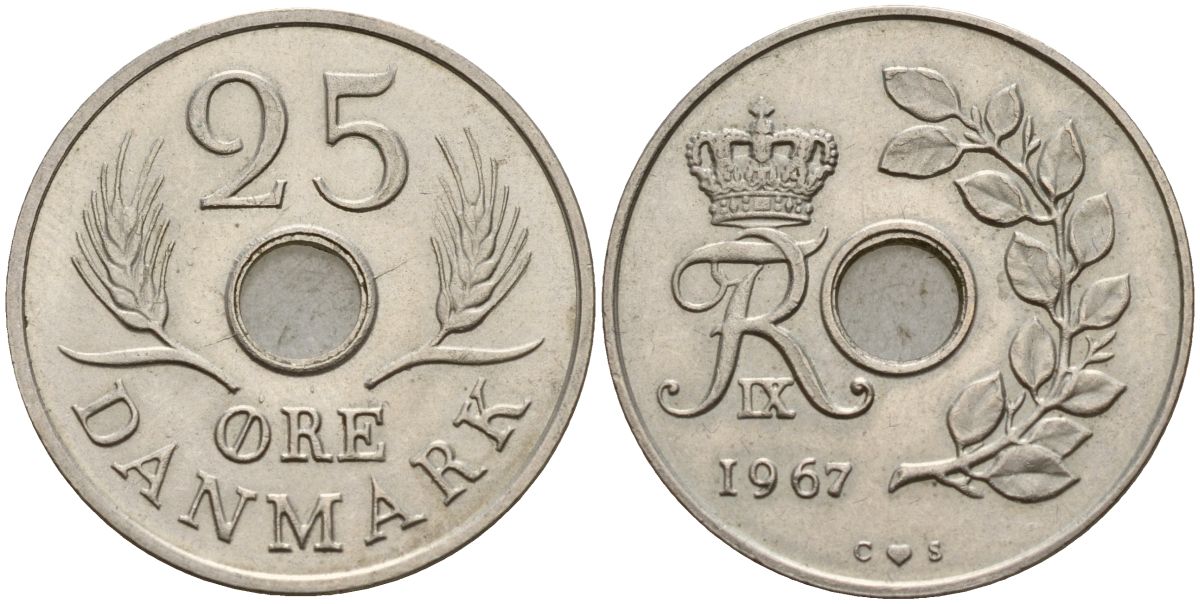 Дания 25 эре 1967 С; S, Фредерик IX (1947-1972) KM 855.1 медно-никель 4150-913