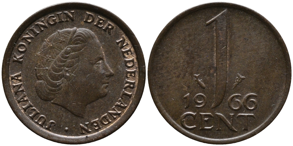 НИДЕРЛАНДЫ 1 ЦЕНТ 1966 ЮЛИАНА KM 180 бронза 71-436