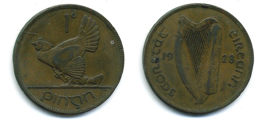 Ирландия 1 пенни 1928 курица с цыплятами KM 3 бронза 57-726