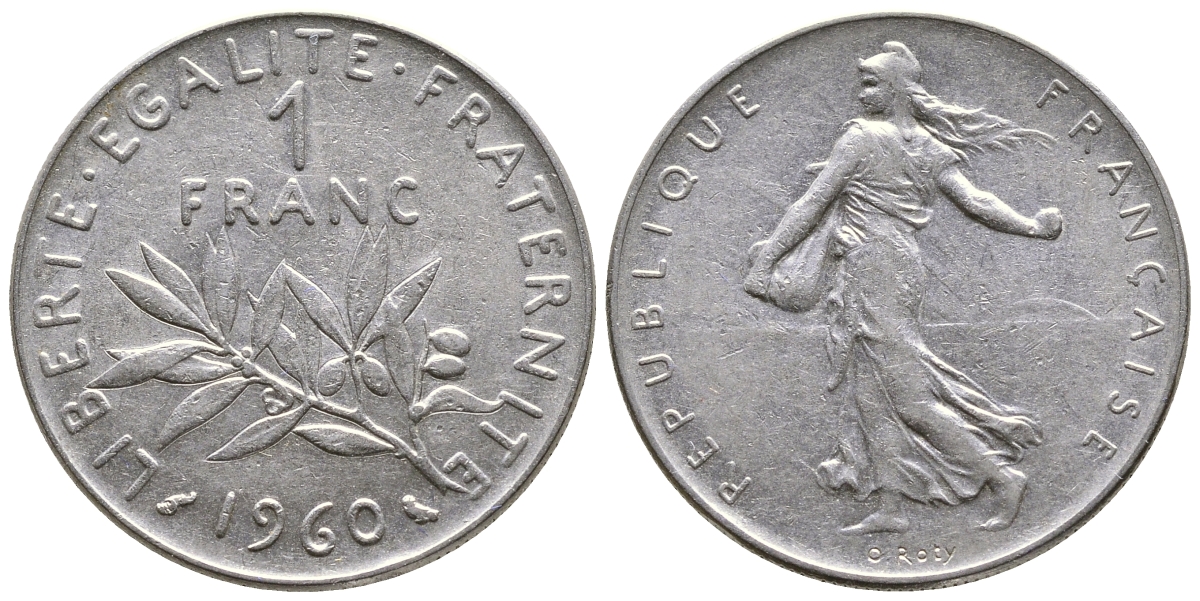 ФРАНЦИЯ 1 ФРАНК 1960 СЕЯТЕЛЬ KM 925.1, LE FRANC 226.4 никель 4385-521