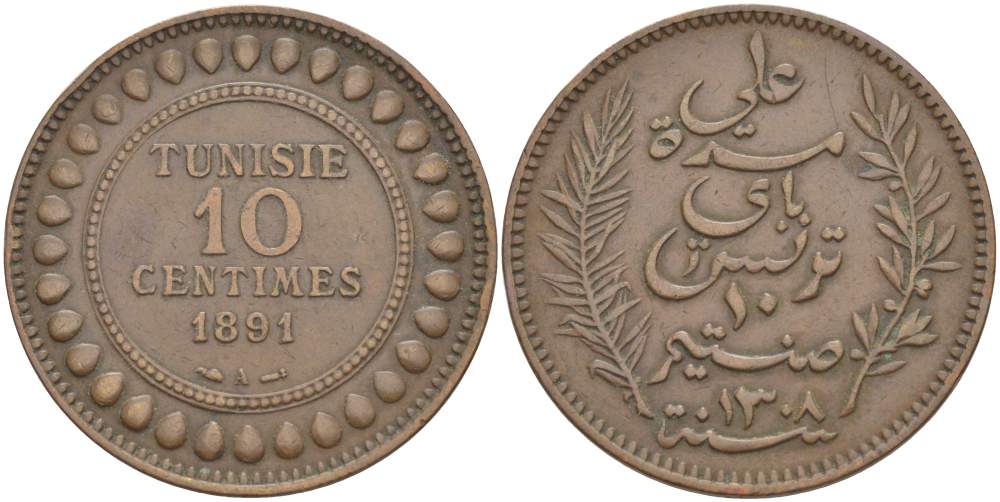 Тунис 10 сантимов 1891 АН 1308, Али III ибн аль-Хусейн KM 222 бронза 4526-212