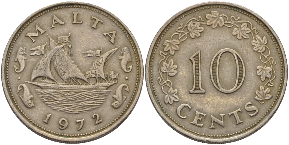 Мальта 10 центов 1972 баржа Великого магистра KM 11 медно-никель 82-416