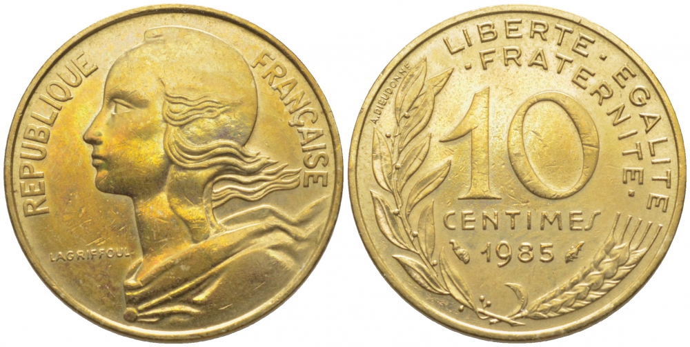 Франция 10 сантимов 1985 тип Марианна KM 929, LE FRANC 144.25 медь алюминий никель 112-1022