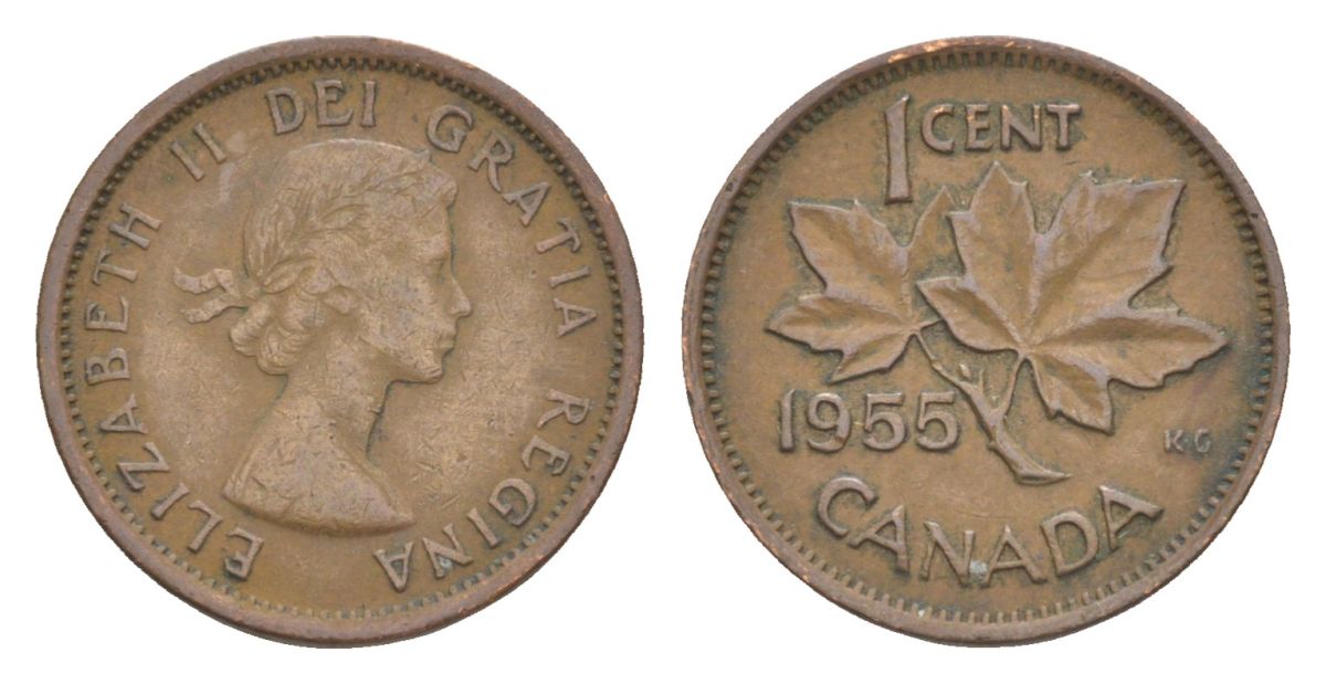 Канада 1 цент 1955 Елизавета II (1952-2022), кленовый лист KM 49 бронза 4630-531