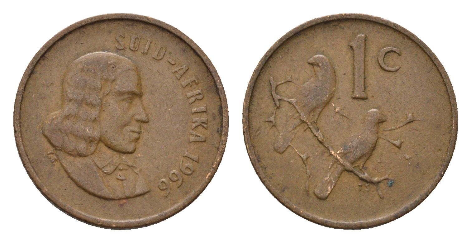 ЮАР 1 цент 1966 Ян ван Рибек (1619-1677), Suid Africa, легенда на африкаанс, капские воробьи KM 65.2 бронза 4690-1163