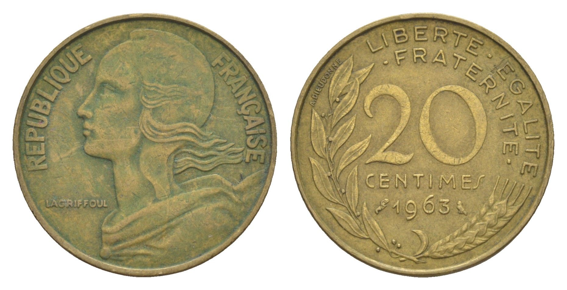 Франция 20 сантимов 1963 KM 930 алюминиевая бронза 4539-424