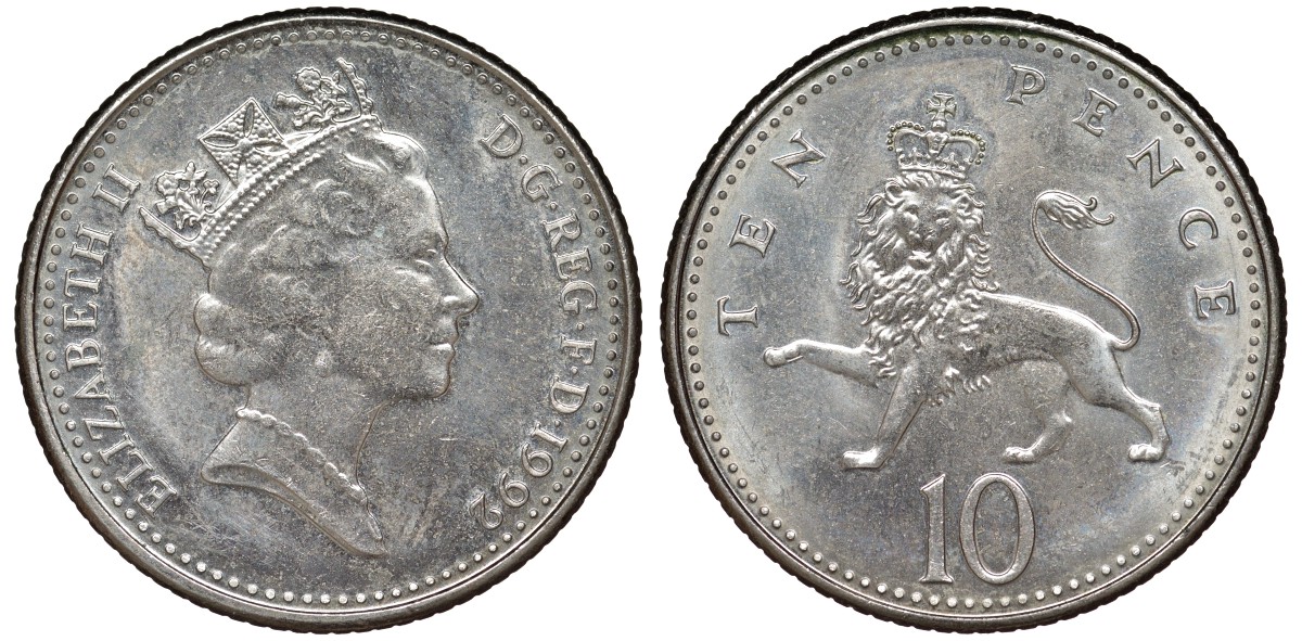Великобритания 10 пенсов 1992 Елизавета II (1952-2022) KM 938b, Spink 4367 (F4) медно-никель 51-3146