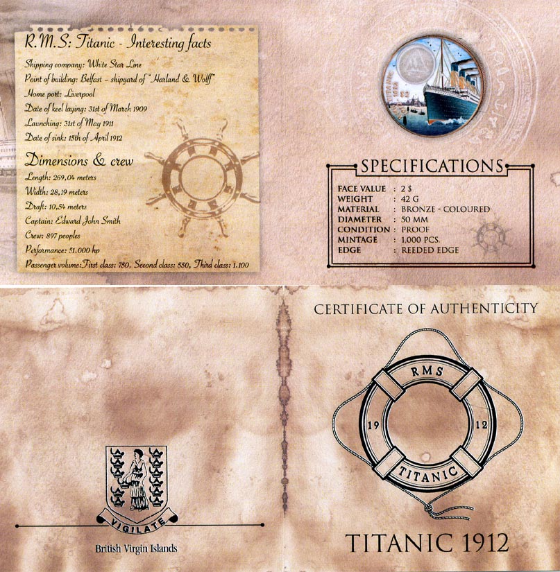 Британские Виргинские острова 2 доллара 2012 100 лет гибели Титаника, с сертификатом, в оригинальной коробке, эмаль, Титаник в порту, вес 42 гр., диаметр 50 мм., тираж 1000 экземпляров бронза PROOF 4-3-5-03