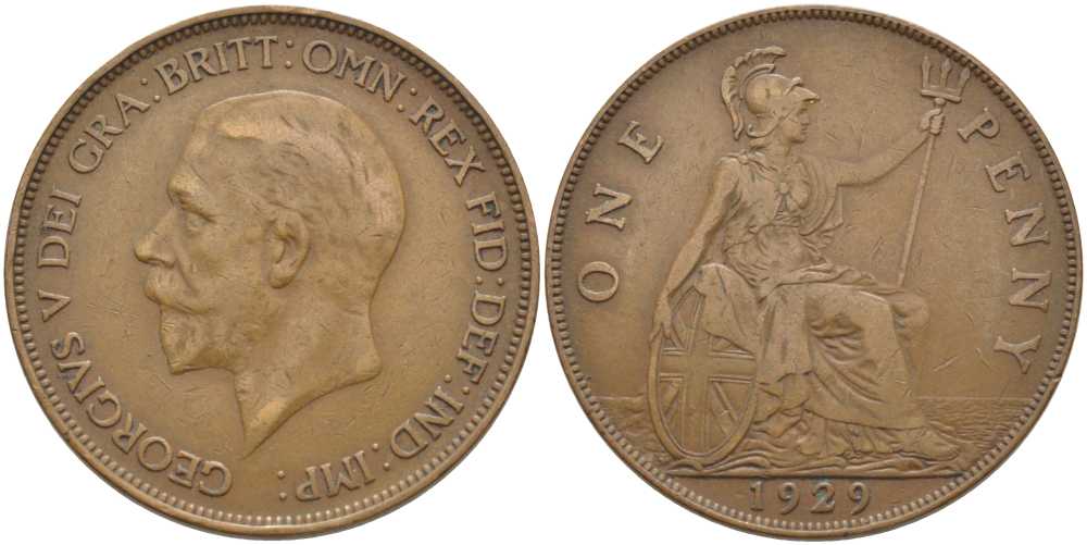 Великобритания 1 пенни 1929 Георг V (1910-1936) KM 838, Spink 4055 бронза 115-234