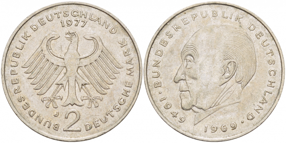 ФРГ 2 МАРКИ 1977 J, КОНРАД АДЕНАУЭР KM 124, J. 406 медно-никель плакированный никелем 3718-1013