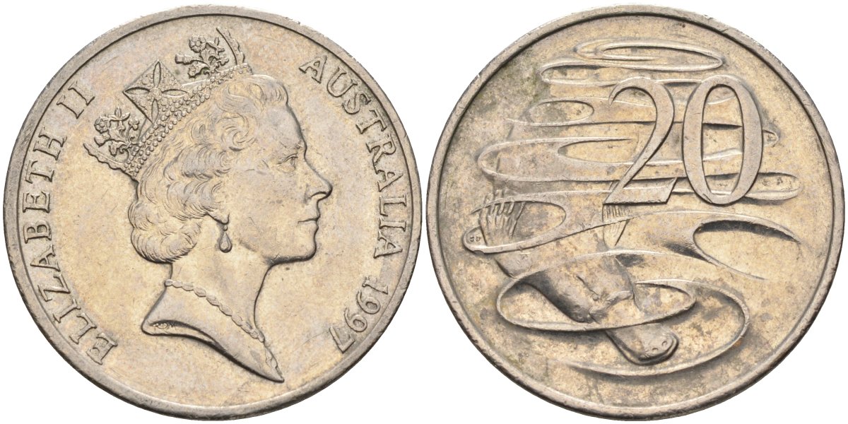 Австралия 20 центов 1997 Елизавета II (1952-2022), утконос KM 82 медно-никель 4131-932
