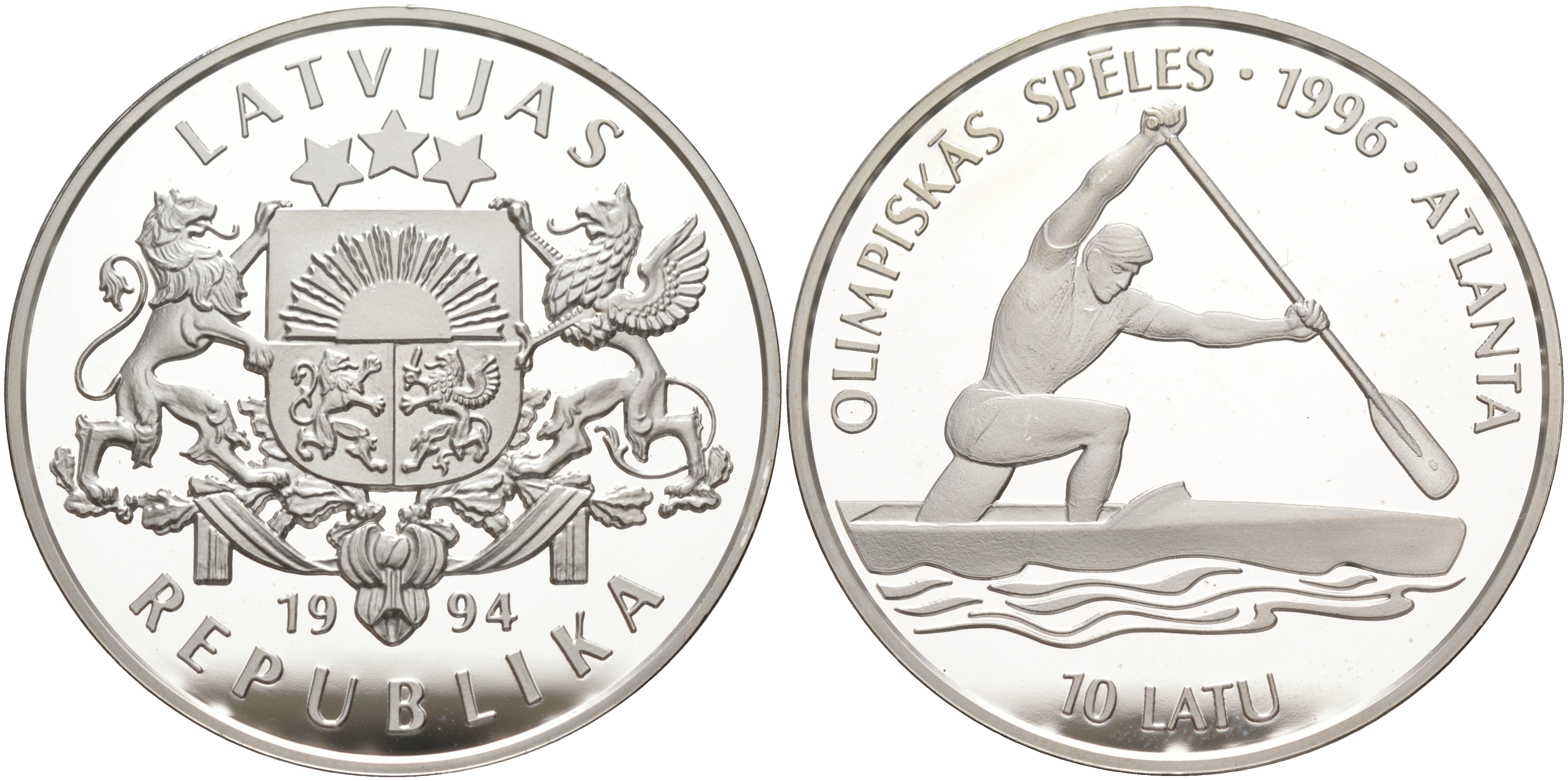 Латвия 10 латов 1994 XXVI летние Олимпийские игры в Атланте 1996 год, гребля на каноэ KM 24 серебро PROOF 02-115-31