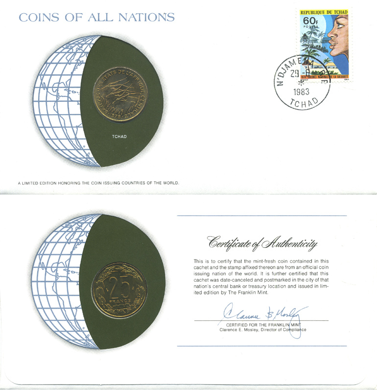 ВАЛЮТНЫЙ СОЮЗ СТРАН ЦЕНТРАЛЬНОЙ АФРИКИ, ЧАД 25 ФРАНКОВ 1978 конверт с маркой первого дня гашения, Coins of Nations KM 10 алюминиевая бронза UNC 4294-58-2