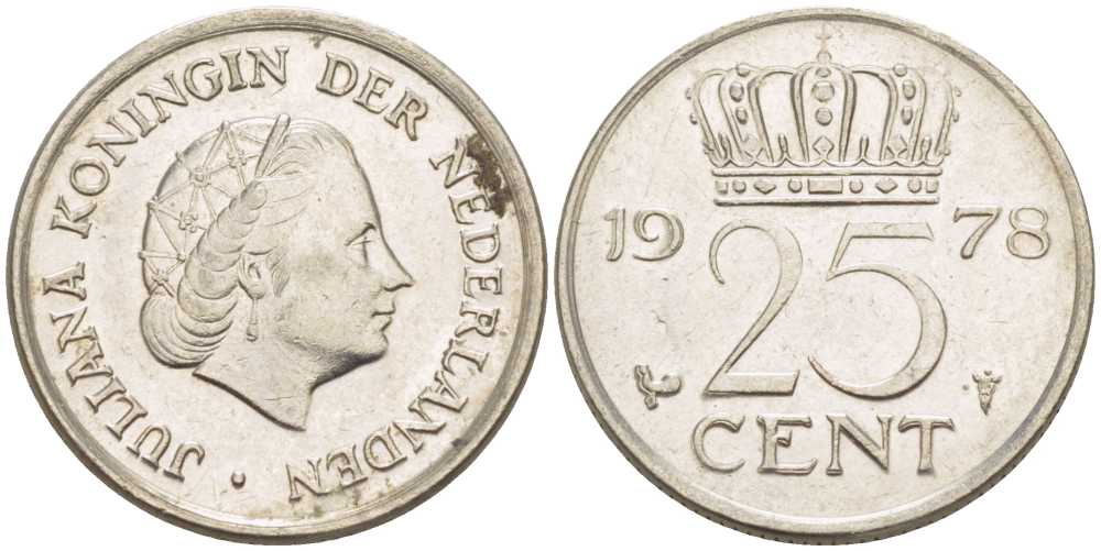 НИДЕРЛАНДЫ 25 ЦЕНТОВ 1978 ЮЛИАНА (1948-1980) KM 183 никель 214-1117