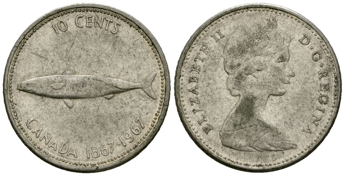 Канада 10 центов 1967 Елизавета II (1953-), рыба, 100 лет конфедерации (1867-1967) KM 67 серебро 4173-1133