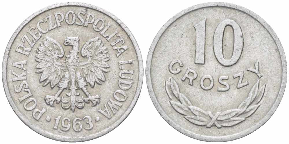 ПОЛЬША 10 ГРОШЕЙ 1963 KM АА47 алюминий 105-727