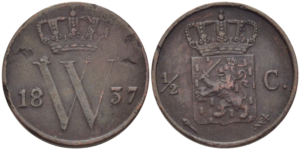 НИДЕРЛАНДЫ 1/2 ЦЕНТА 1837 KM 51 медь 100-266