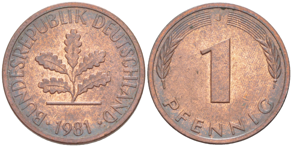 ФРГ 1 ПФЕННИГ 1981 J KM 105, J. 380 сталь плакированная медью 4181-642