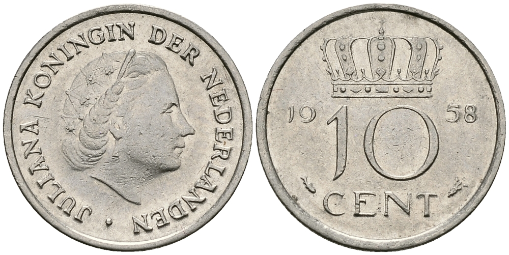 НИДЕРЛАНДЫ 10 ЦЕНТОВ 1958 ЮЛИАНА KM 182 никель 96-453