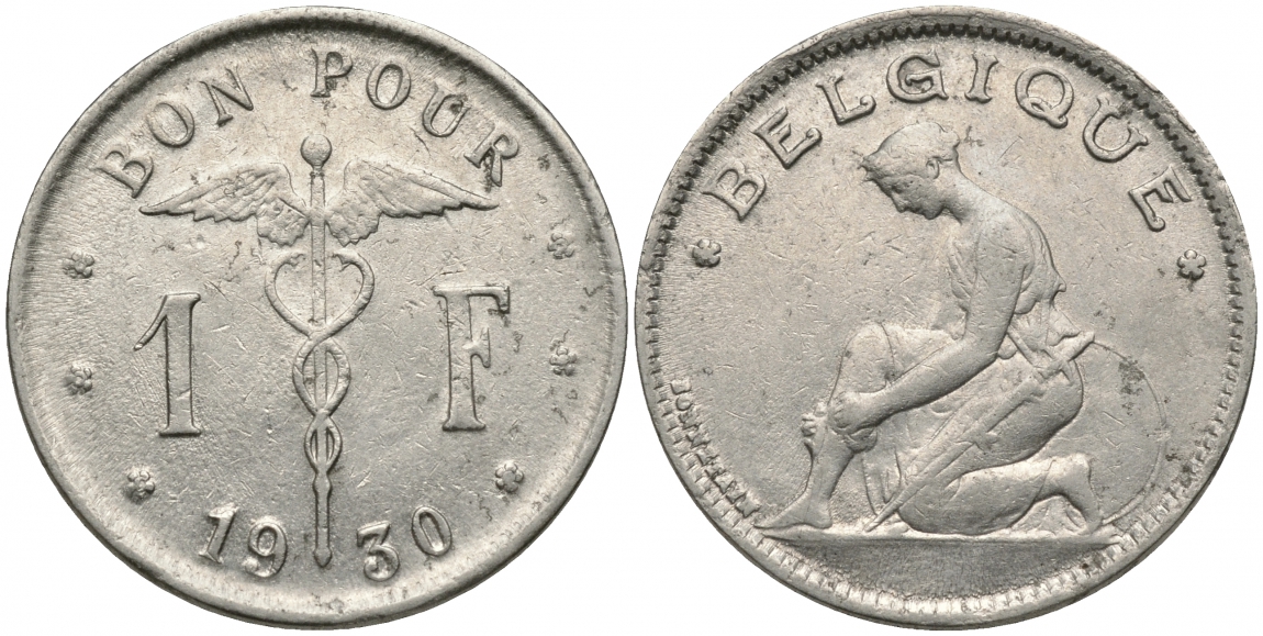 БЕЛЬГИЯ 1 ФРАНК 1930 BELGIQUE KM 89 никель 51-2116