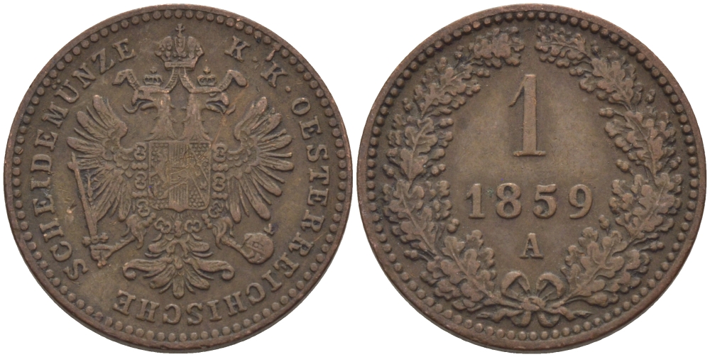 Австрия 1 крейцер 1859 A, Франц Иосиф I (1848-1916) KM 2186 медь 100-129