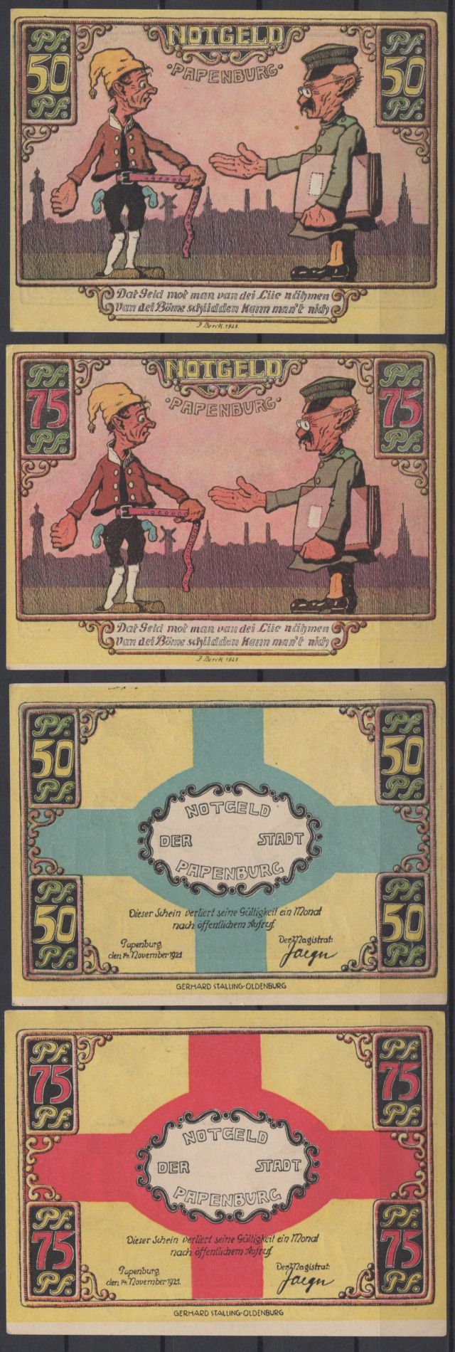 Папенбург полный набор из 2 нотгельдов (50 и 75 пфеннигов) 1921 Grabowski 1044.1 бумага UNC (пресс) 7556-7-4-1