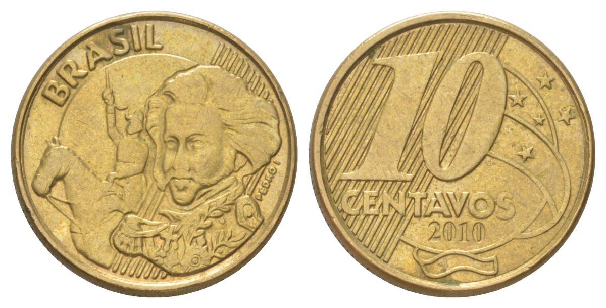 Бразилия 10 сентаво 2010 KM 649 сталь плакированная латунью 4627-963